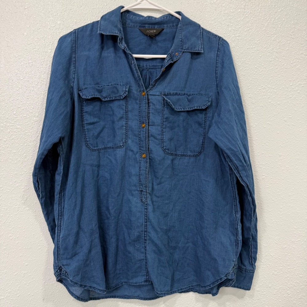 J.Crew Womens Chambray Popover Shirt Blue Long Sleeve Pocket Top Size 8